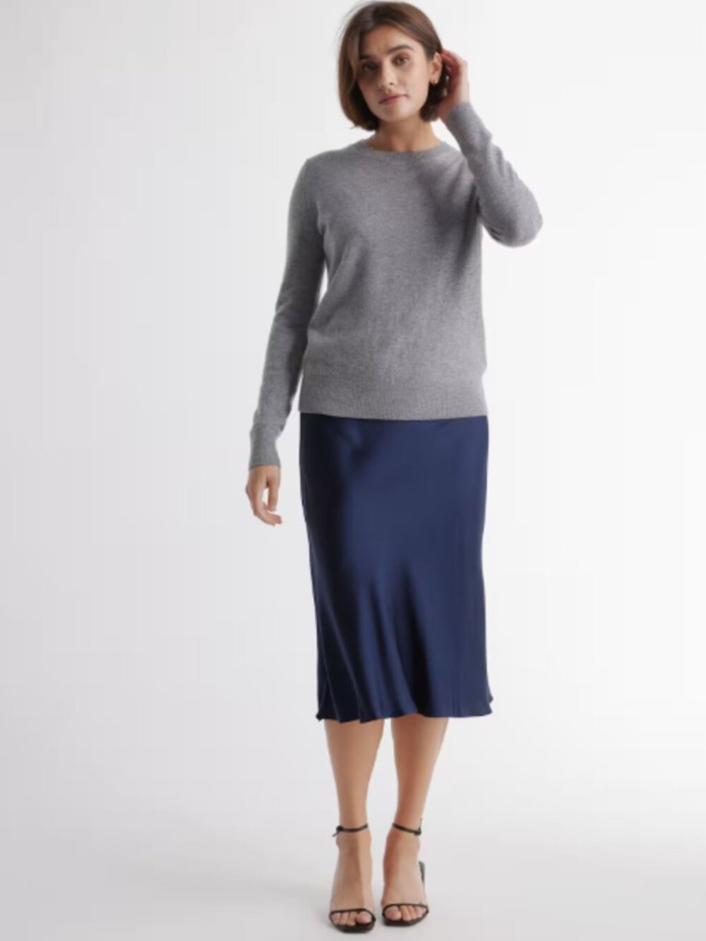 Quince 100% Washable Silk Midi Skirt Navy Blue